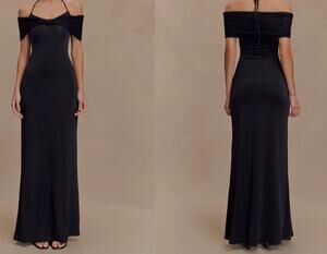 NWT Meshki Bernadina Black Mesh Slinky Halter Maxi Dress Size S